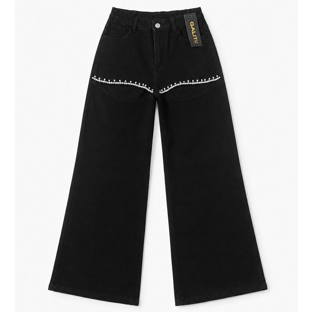 Galita Black Rhinestone with cutouts Wide Leg High Rise Jeans Pants, Sz S, NWT